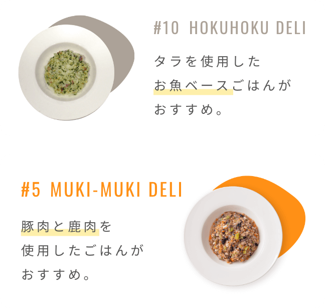 #10 HOKUHOKU DELIタラを使用したお魚ベースごはんがおすすめ。#5 MUKI-MUKI DELI 豚肉と鹿肉を使用したごはんがおすすめ。